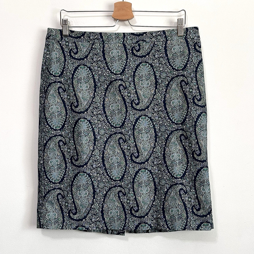 J Crew‎ Sateen Pencil Skirt 14 Blue Paisley Lined Business Work Party Preppy